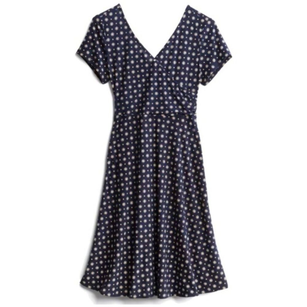 Stitch Fix Kalleigh Faux Wrap Dress Sz. M Navy Blue Yellow Print Short Sleeve